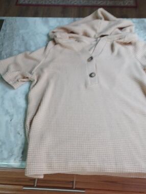 Beige Waffle Knit Short Sleeve Hoodie with Buttons Size S BUT FITS M